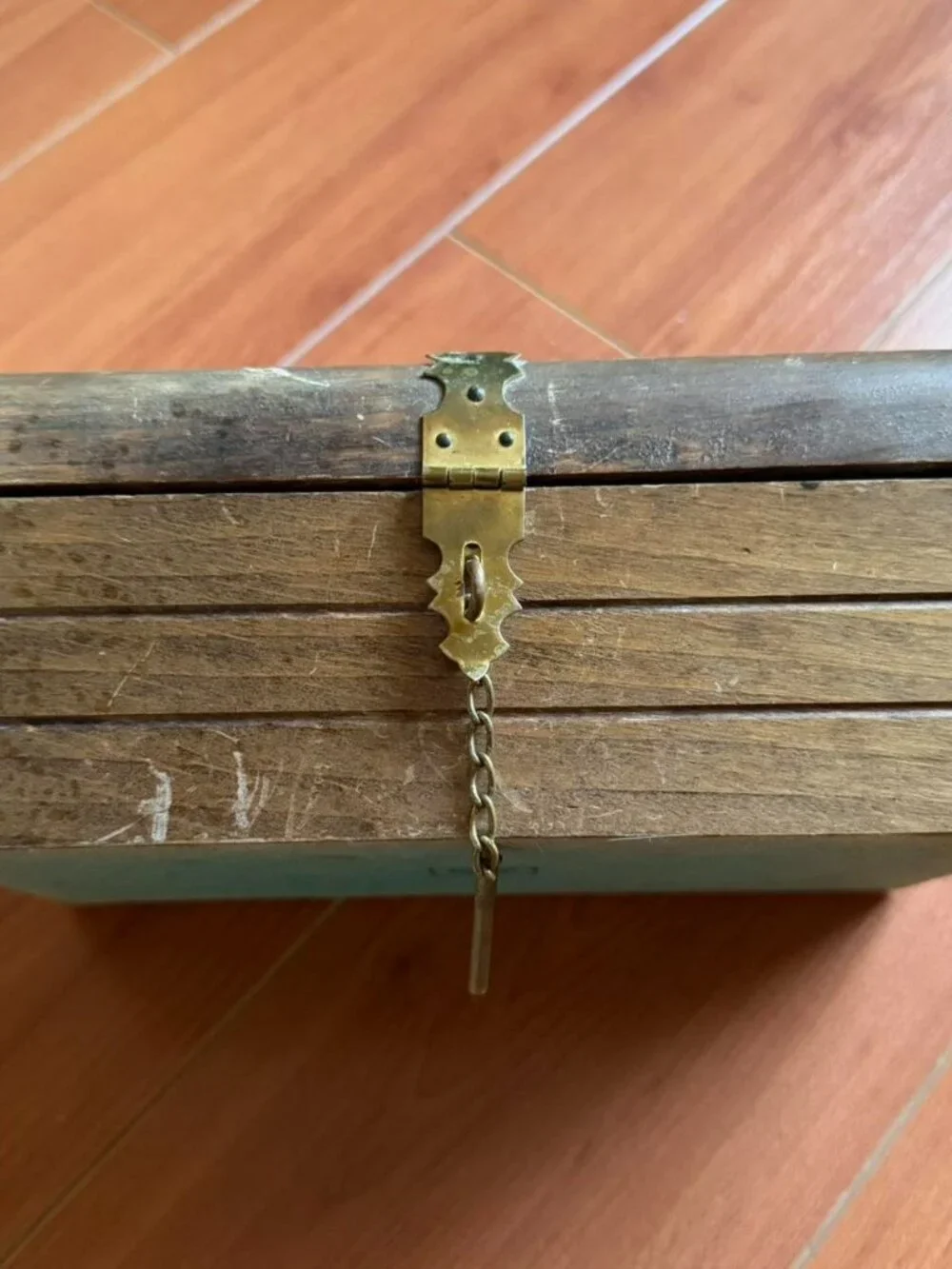 Vintage Wooden Jewelry Box Chest Gold Latch Red Lining